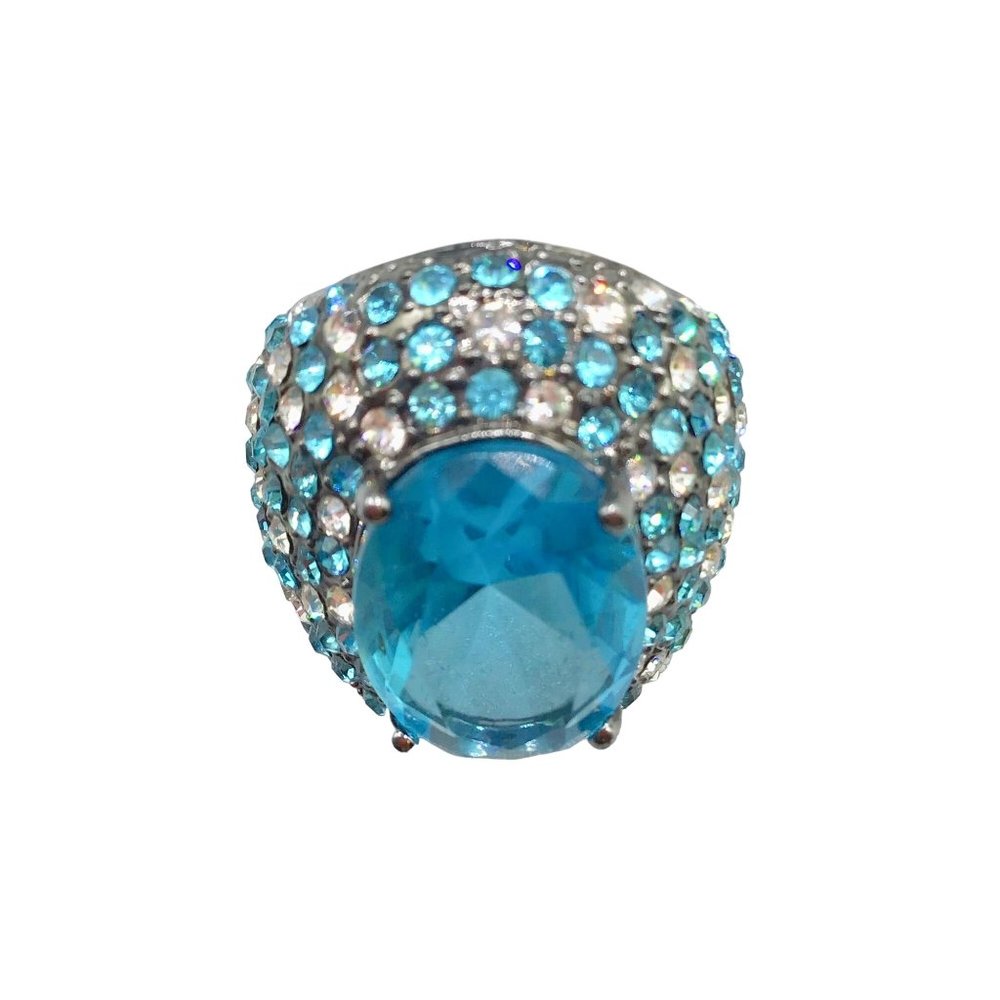 Blue Tones Rhinestones Ring Size 7.5 Aqua Blue Signed PJM Statement Ring